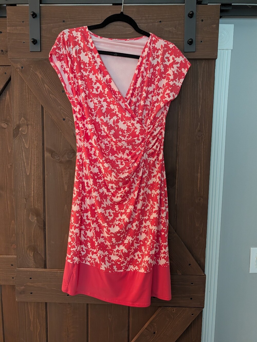 New York & Company Pink & Cream Floral Wrap Midi Dress